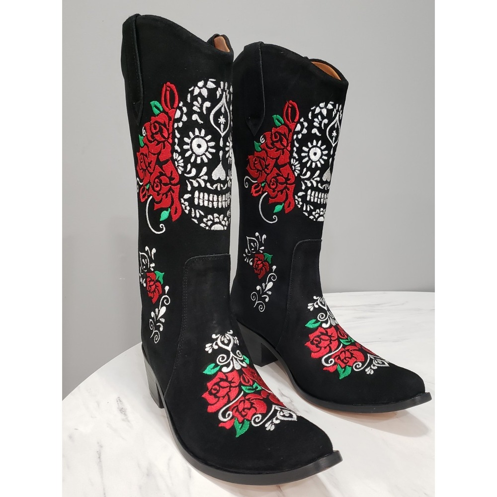 Agave Sky Suede Western Boots Calavera Cowboy Skull Roses Day of The Dead Witchy